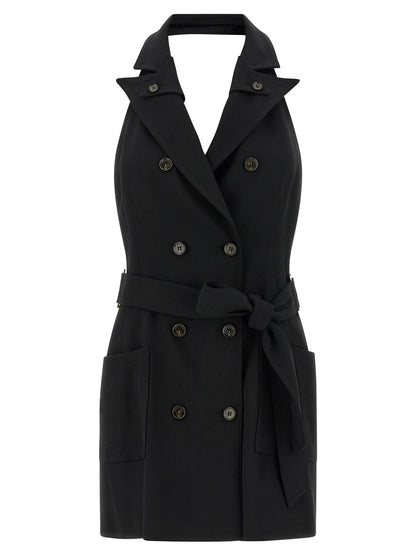 Dress by Elisabetta Franchi for women in stretch viscose black presents a sinuous silhouette, showcasing a sophisticated and sleeveless detailed with a sinuous short mini for a refined finish.