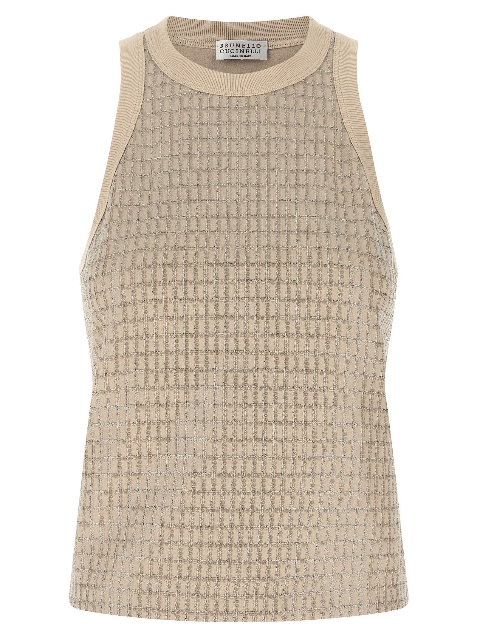 Tank Top by Brunello Cucinelli for women in cotton & sequins beige showcases a perennial silhouette, artfully detailed with a sleeveless design and a perennial crew neckline.