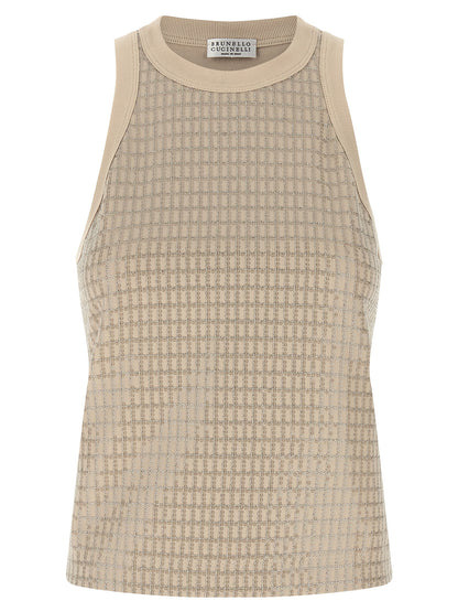 Tank Top by Brunello Cucinelli for women in cotton & sequins beige showcases a perennial silhouette, artfully detailed with a sleeveless design and a perennial crew neckline.