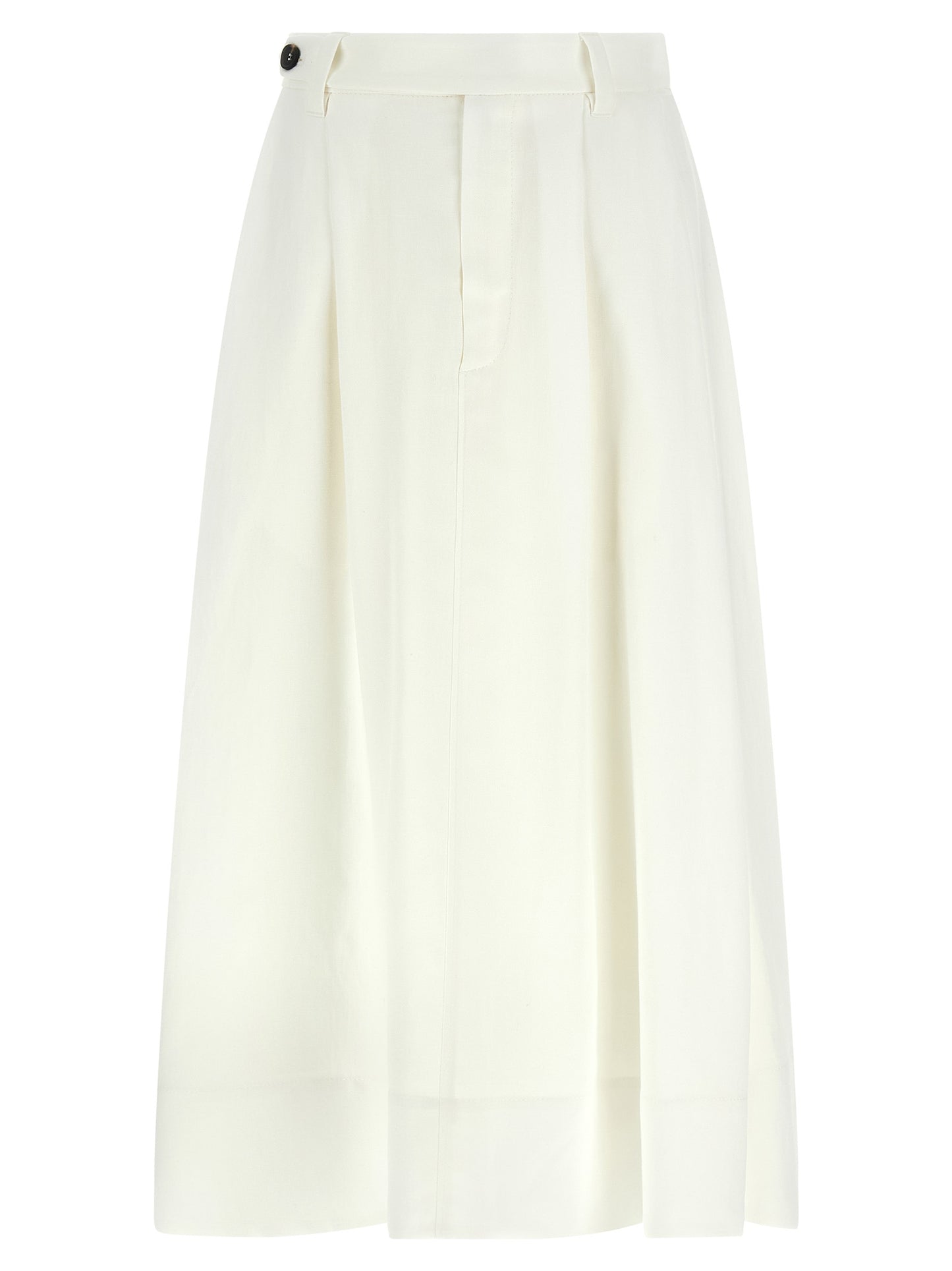 Skirt by Brunello Cucinelli for women in linen viscose white showcases a dramatic silhouette, artfully capturing the essence of the Monile Women's Flared Linen Viscose Midi Skirt in a dramatic midi cut for a refined look.