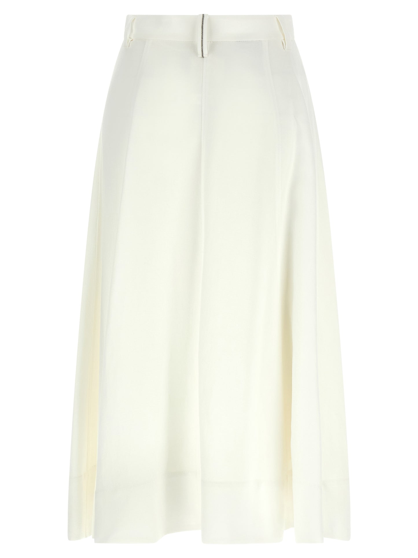 Skirt by Brunello Cucinelli for women in linen viscose white features an tailored silhouette, artfully capturing the essence of Monile Women's Flared Linen Viscose Midi Skirt in a sophisticated midi.