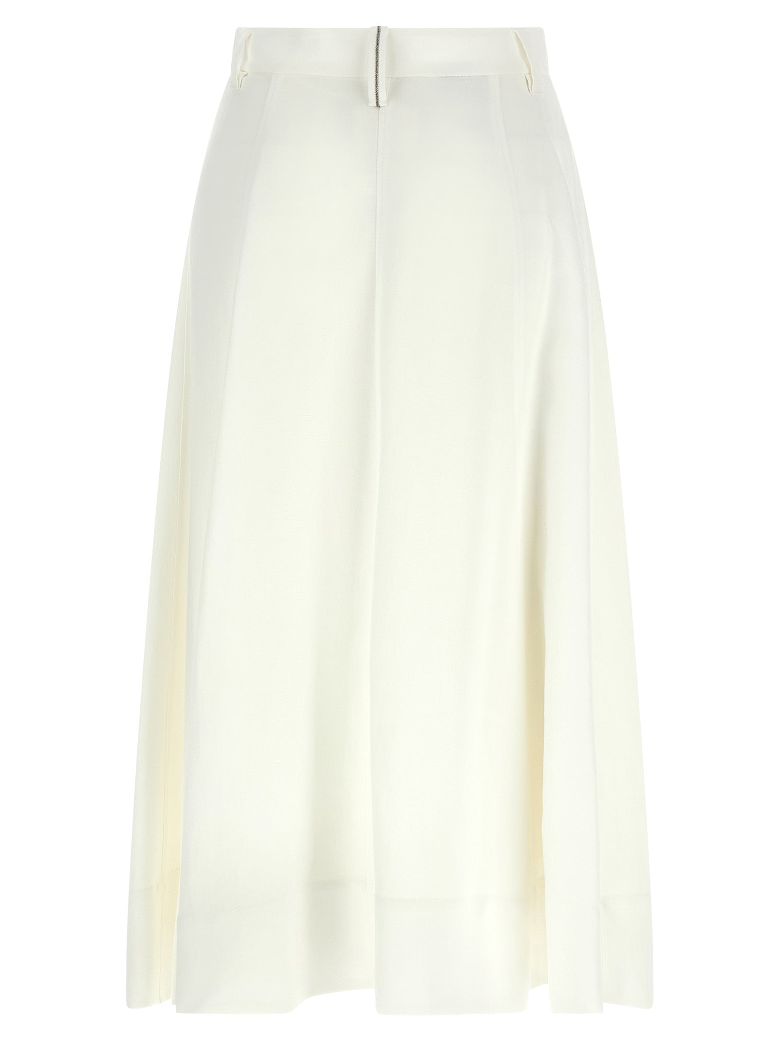 Skirt by Brunello Cucinelli for women in linen viscose white features an tailored silhouette, artfully capturing the essence of Monile Women's Flared Linen Viscose Midi Skirt in a sophisticated midi.