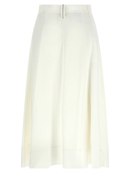 Skirt by Brunello Cucinelli for women in linen viscose white features an tailored silhouette, artfully capturing the essence of Monile Women's Flared Linen Viscose Midi Skirt in a sophisticated midi.