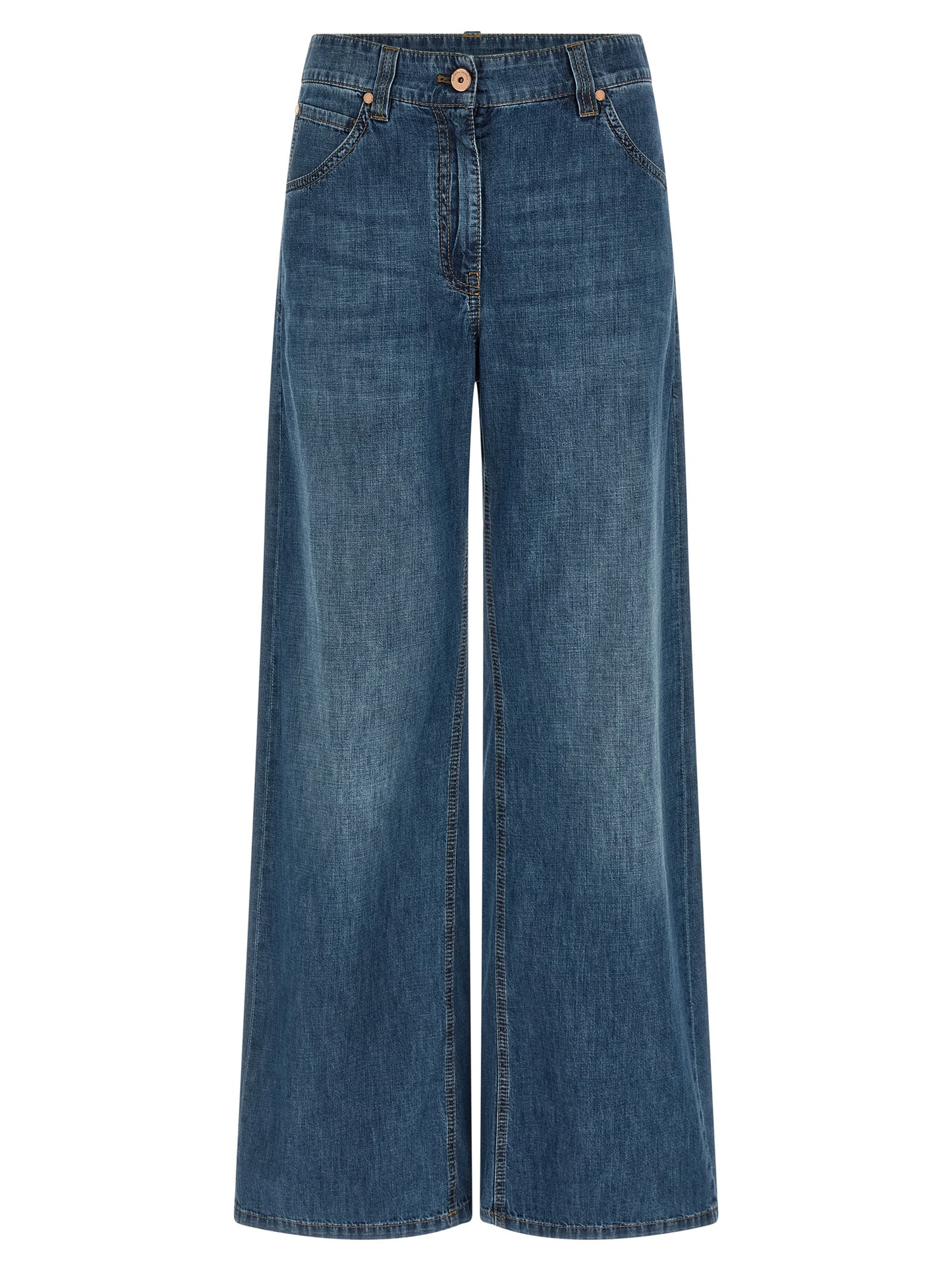 Jeans by Brunello Cucinelli for women in cotton denim blue presents a tailored silhouette, showcasing a tailored relaxed-fit & wide and long cut with a refined for a truly tailored aesthetic.