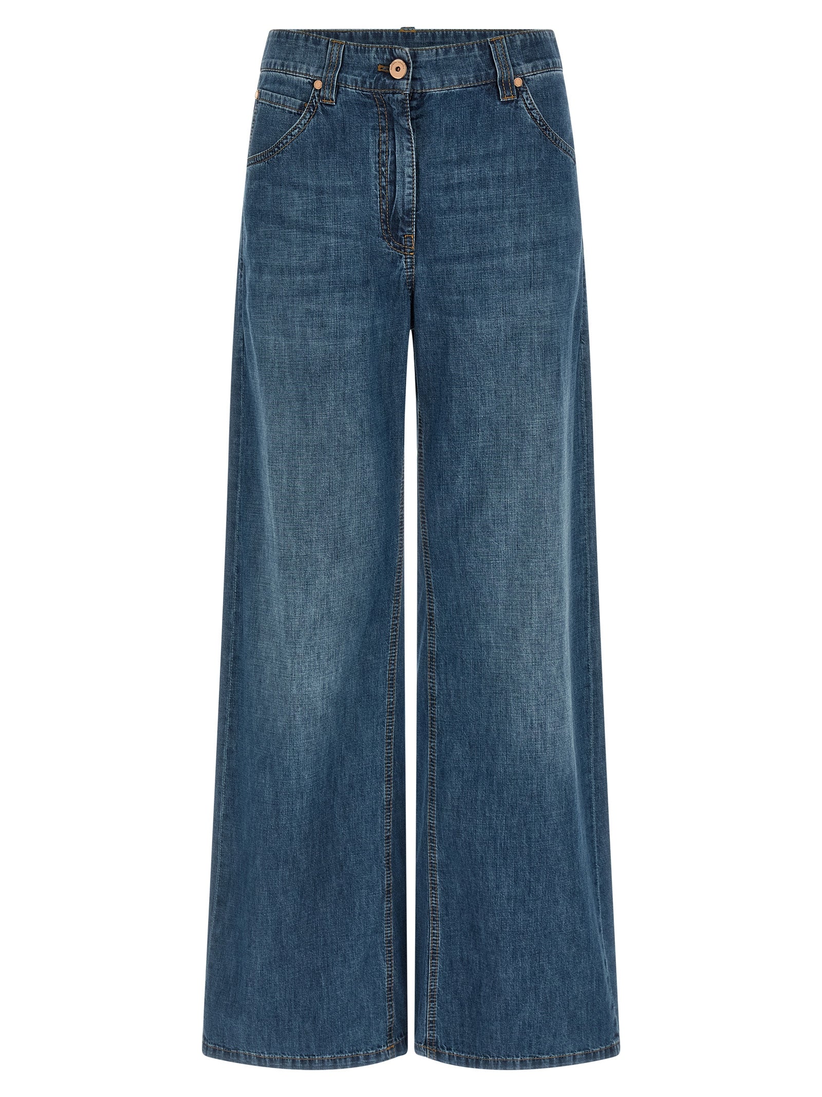Jeans by Brunello Cucinelli for women in cotton denim blue presents a tailored silhouette, showcasing a tailored relaxed-fit & wide and long cut with a refined for a truly tailored aesthetic.