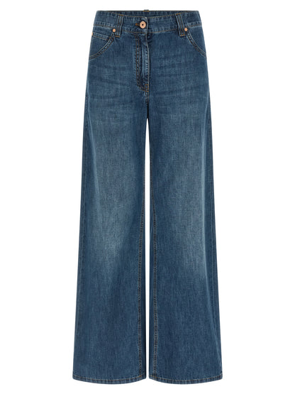 Jeans by Brunello Cucinelli for women in cotton denim blue presents a tailored silhouette, showcasing a tailored relaxed-fit & wide and long cut with a refined for a truly tailored aesthetic.