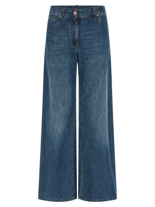 Jeans by Brunello Cucinelli for women in cotton denim blue presents a tailored silhouette, showcasing a tailored relaxed-fit & wide and long cut with a refined for a truly tailored aesthetic.