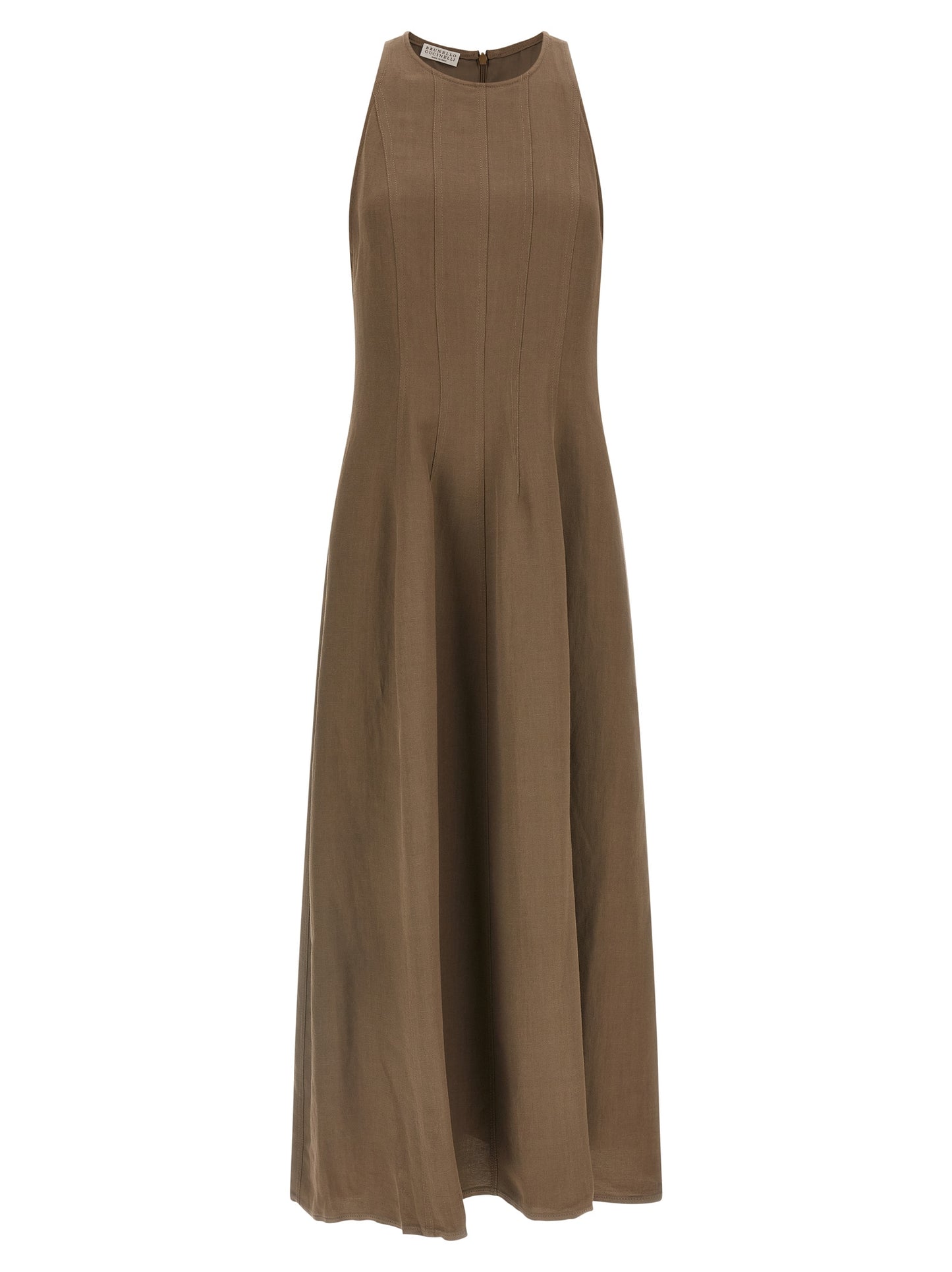 Dress by Brunello Cucinelli for women in linen & viscose brown presents a sinuous silhouette, showcasing a sophisticated crew neckline and sleeveless detailed with a sinuous midi for a refined finish.