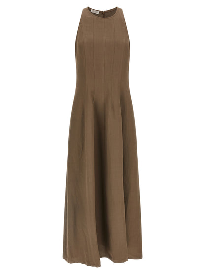 Dress by Brunello Cucinelli for women in linen & viscose brown presents a sinuous silhouette, showcasing a sophisticated crew neckline and sleeveless detailed with a sinuous midi for a refined finish.