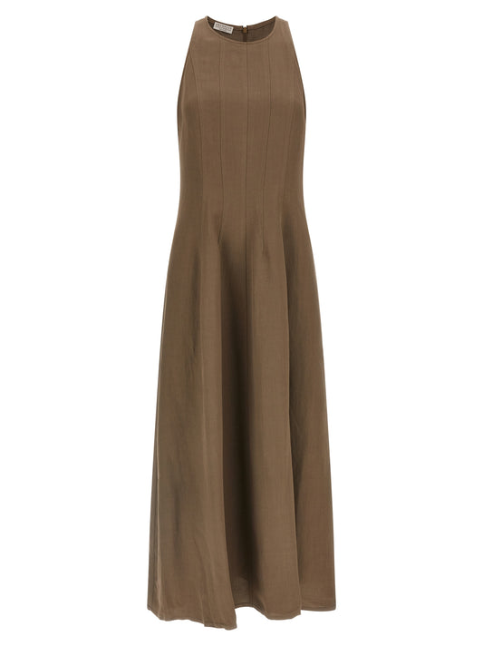 Dress by Brunello Cucinelli for women in linen & viscose brown presents a sinuous silhouette, showcasing a sophisticated crew neckline and sleeveless detailed with a sinuous midi for a refined finish.