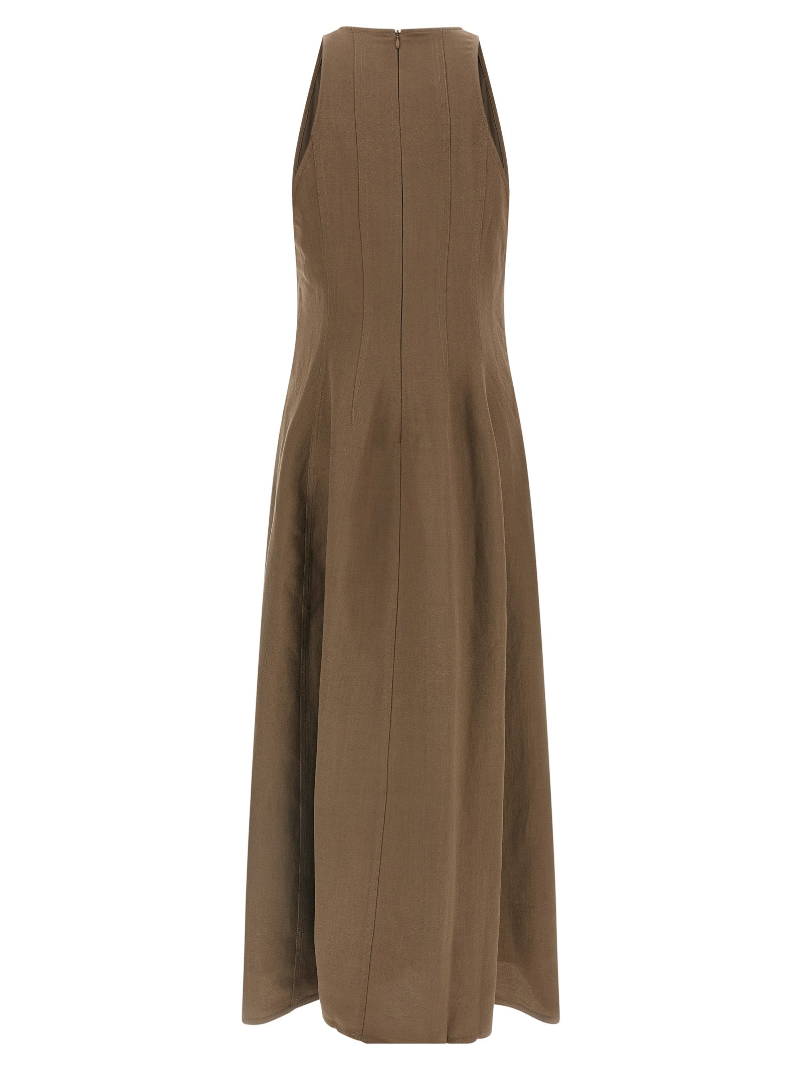 Dress by Brunello Cucinelli for women in linen & viscose brown features a dramatic silhouette, showcasing an elegant crew neckline and that flows into a dramatic midi.