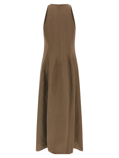 Dress by Brunello Cucinelli for women in linen & viscose brown features a dramatic silhouette, showcasing an elegant crew neckline and that flows into a dramatic midi.