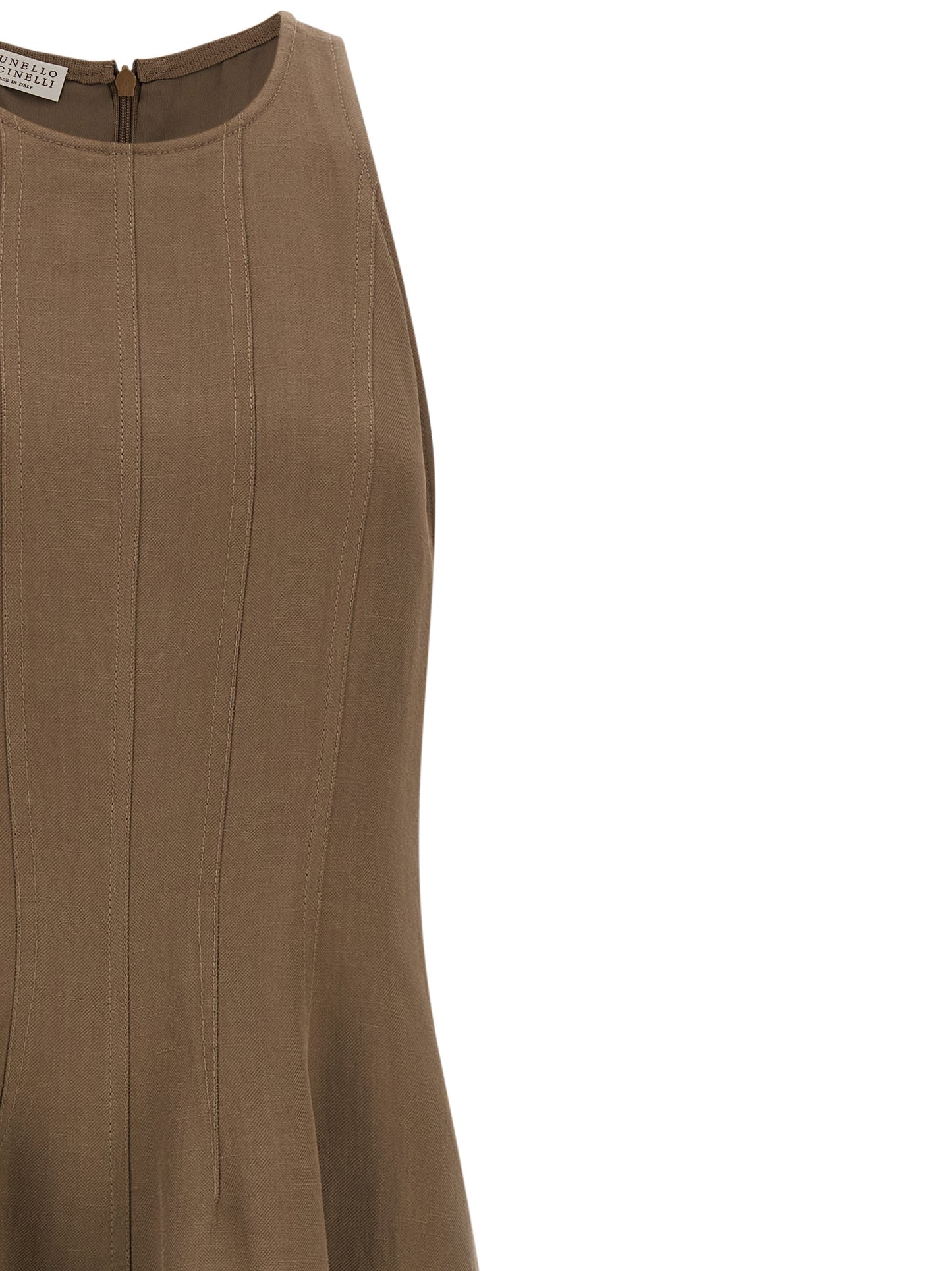 Dress by Brunello Cucinelli for women in linen & viscose brown features an eye catching silhouette with a sophisticated crew neckline, elegant , and a refined midi for a eye catching aesthetic.