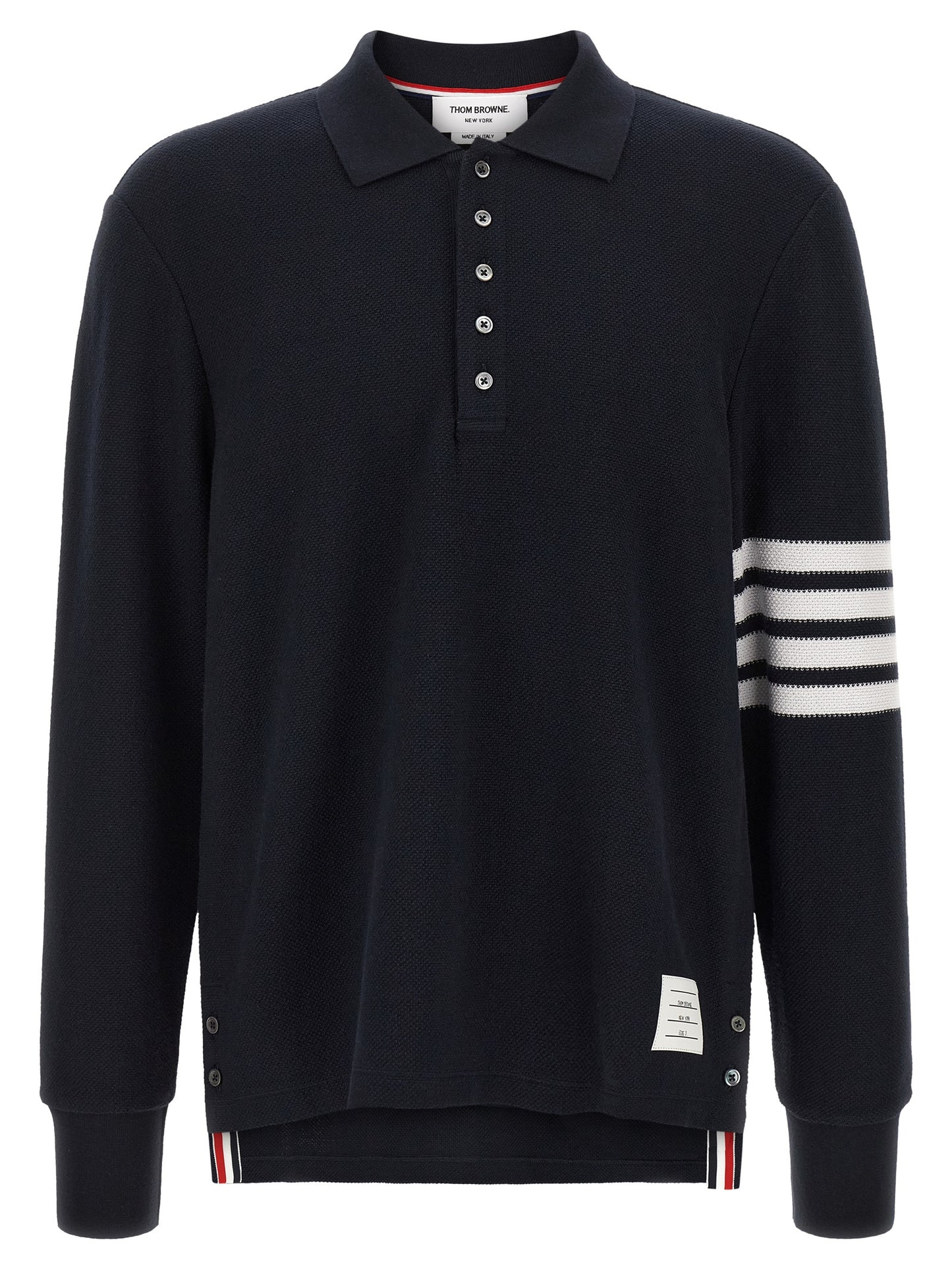 Polo Shirt by Thom Browne for men in cotton blue & signature presents a sleek silhouette, featuring a refined and long-sleeve for a sleek finish.