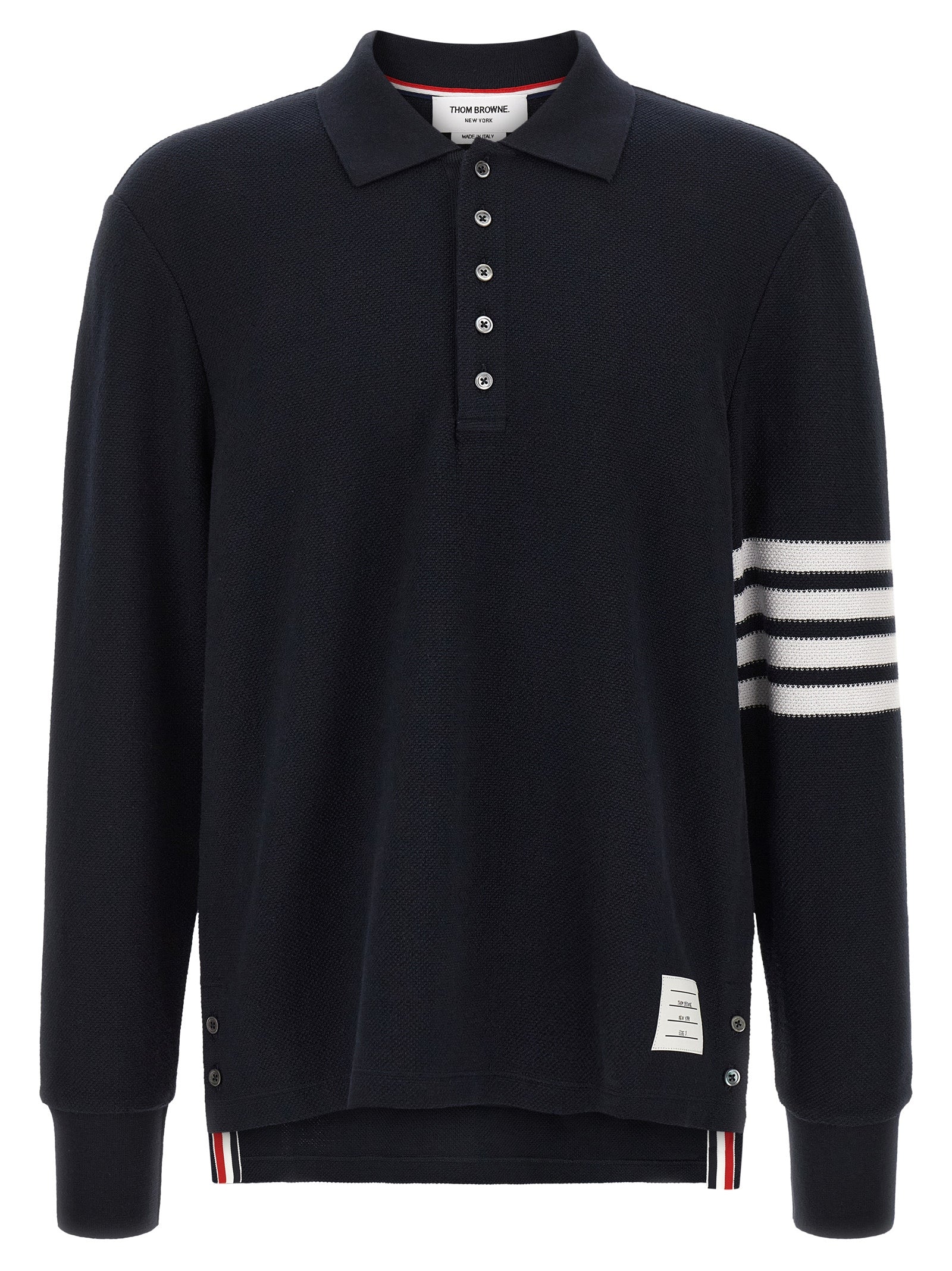 Polo Shirt by Thom Browne for men in cotton blue & signature presents a sleek silhouette, featuring a refined and long-sleeve for a sleek finish.