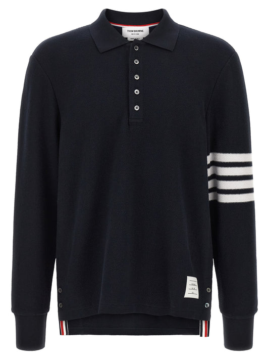 Thom Browne Ribbon Men's Long-Sleeve Cotton Polo Shirt - Blue Signature