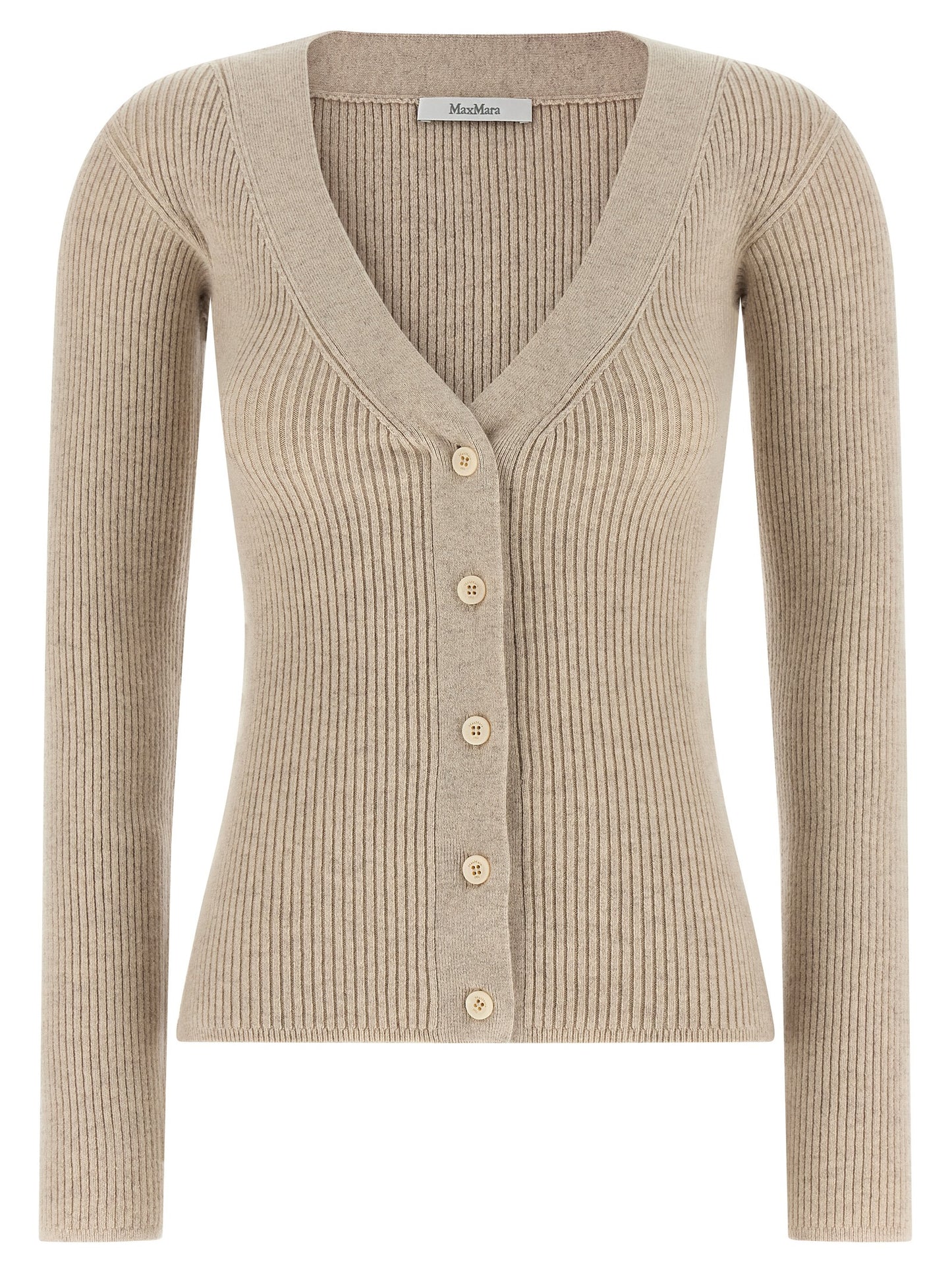 Cardigan by Max Mara for women in polyamide & cashmere beige features an impeccable silhouette, showcasing a sophisticated v-neck neckline and long-sleeve detail for a truly impeccable finish.