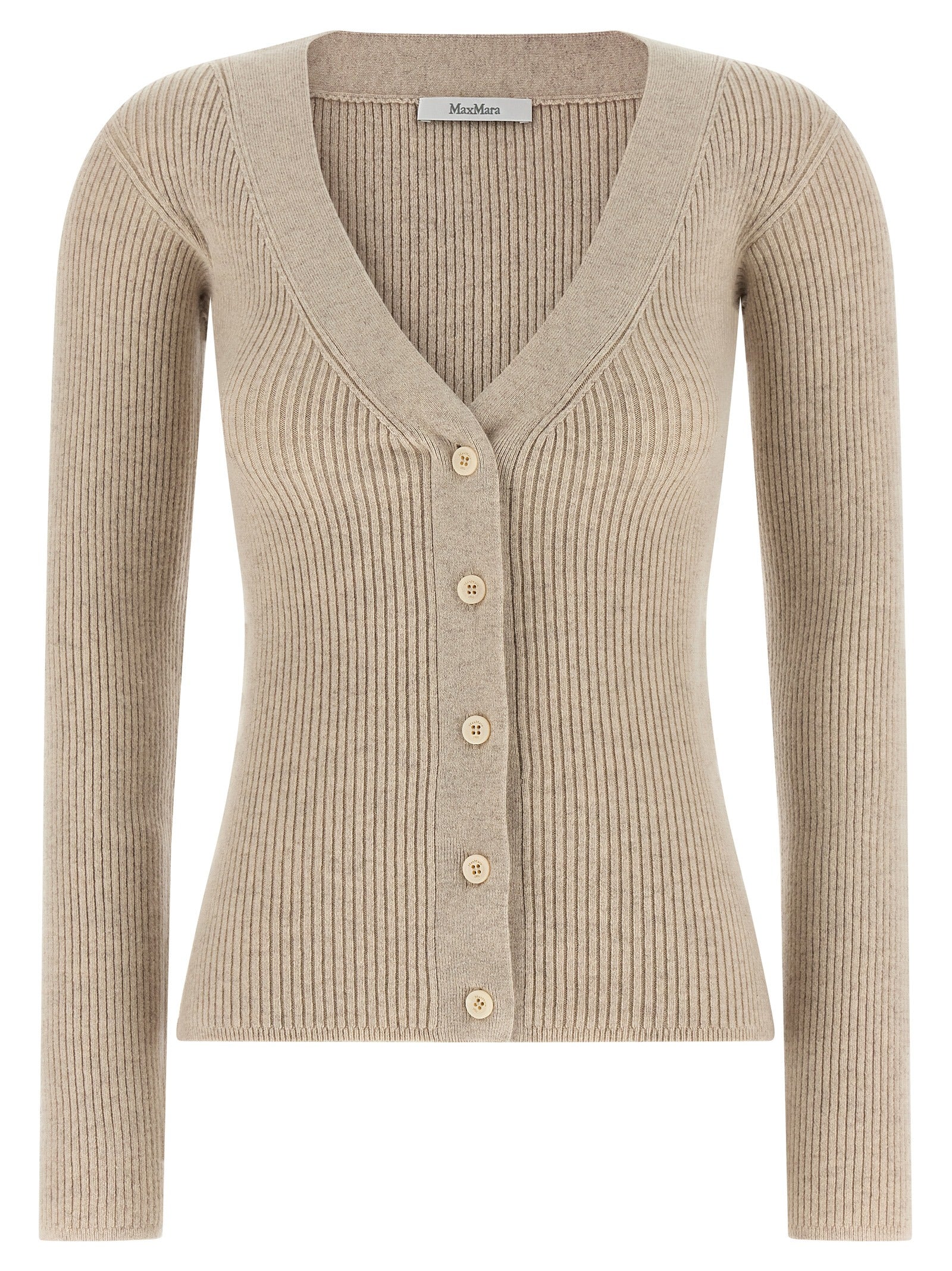 Cardigan by Max Mara for women in polyamide & cashmere beige features an impeccable silhouette, showcasing a sophisticated v-neck neckline and long-sleeve detail for a truly impeccable finish.