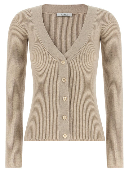 Cardigan by Max Mara for women in polyamide & cashmere beige features an impeccable silhouette, showcasing a sophisticated v-neck neckline and long-sleeve detail for a truly impeccable finish.