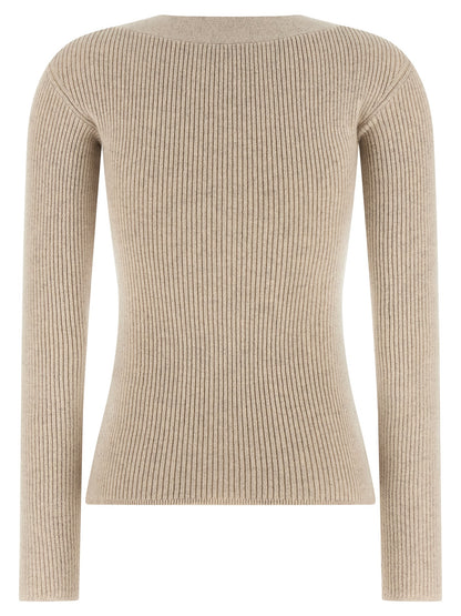 Cardigan by Max Mara for women in polyamide & cashmere beige features an crisp silhouette, showcasing a sophisticated v-neck neckline and detail for a truly crisp finish.