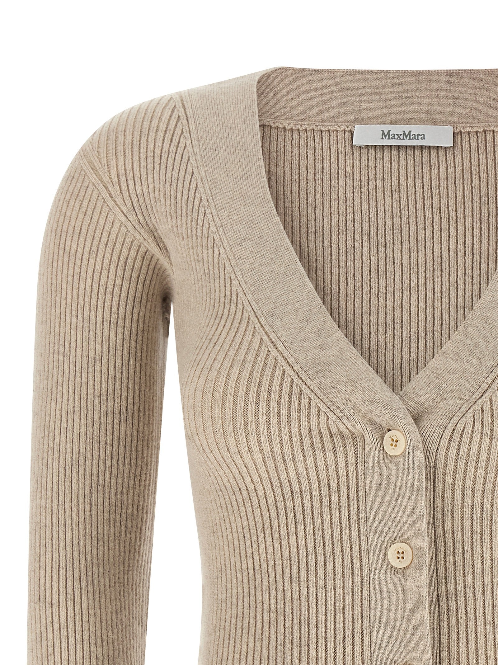 Cardigan by Max Mara for women in polyamide & cashmere beige features a dramatic silhouette, showcasing a sophisticated v-neck neckline and dramatic detail for a timeless, premium look.