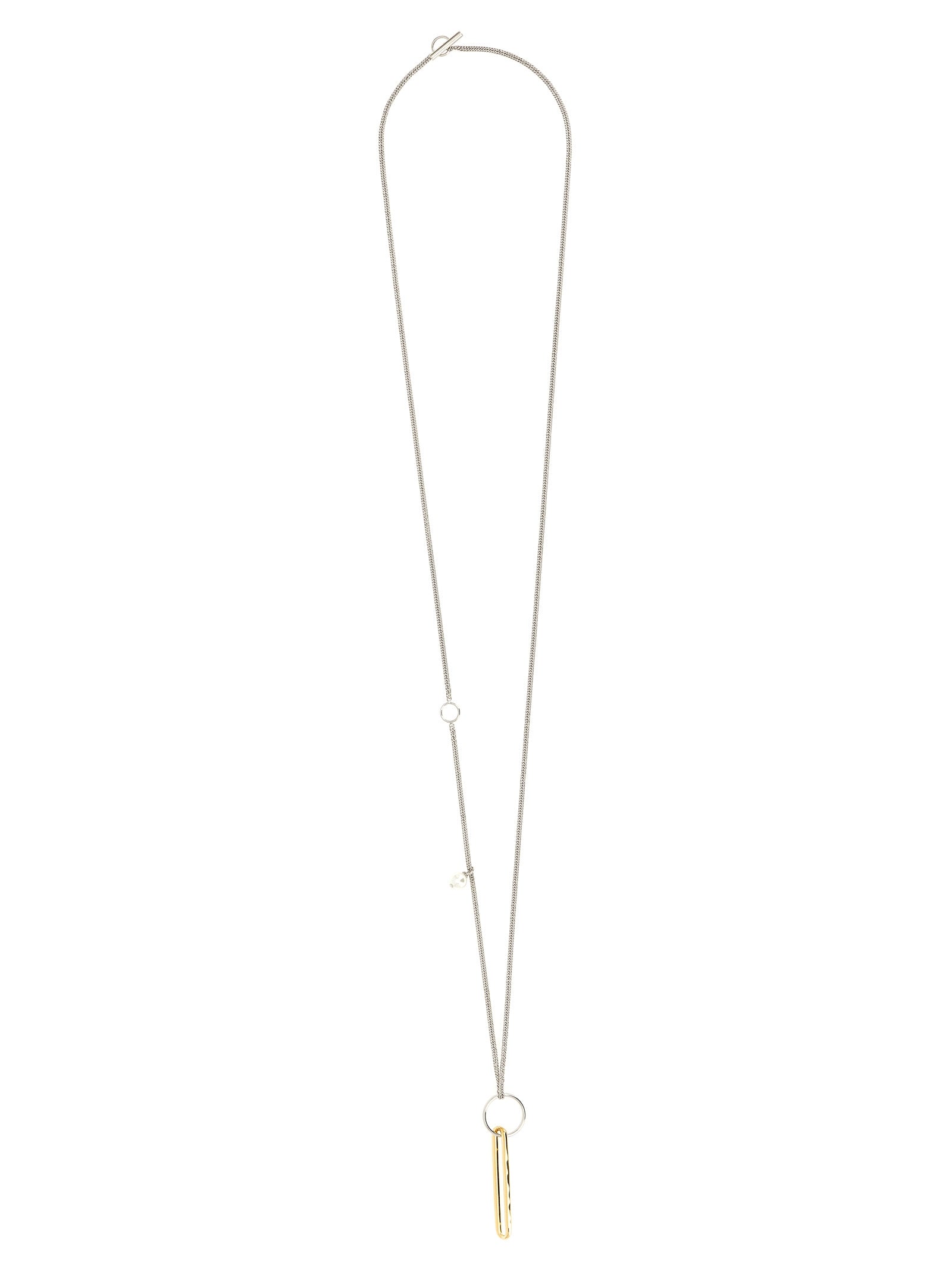 Necklace by Jil Sander for women in raffia polyamide patent leather and gold & pearl showcases a radiant silhouette, artfully capturing the elegance of Women's Gold Brass & Pearls Necklace through its intricate chain statement necklace design.
