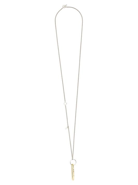 Necklace by Jil Sander for women in raffia polyamide patent leather and gold & pearl showcases a radiant silhouette, artfully capturing the elegance of Women's Gold Brass & Pearls Necklace through its intricate chain statement necklace design.