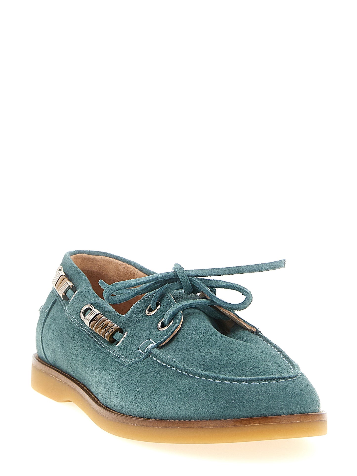 Boat Flat Shoes by PINKO for women in bos taurus suede calfskin leather blue presents a effortless chic silhouette, showcasing the Grace Women's Bos Taurus Suede Calfskin Leather Boat Flat Shoes design with a effortless chic and for a sophisticated look.
