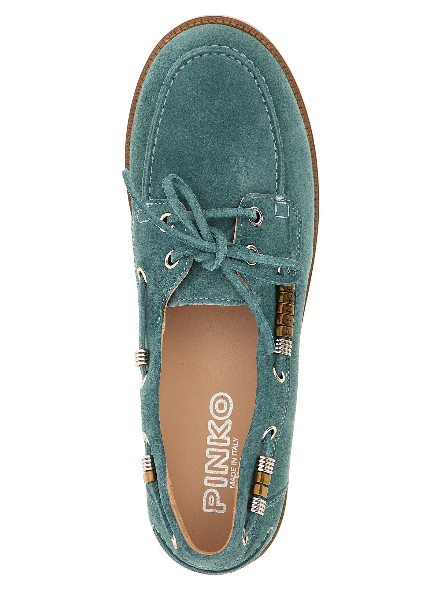 Boat Flat Shoes by PINKO for women in bos taurus suede calfskin leather blue showcases a dynamic silhouette, artfully capturing Grace Women's Bos Taurus Suede Calfskin Leather Boat Flat Shoes through its distinctive and elegant .