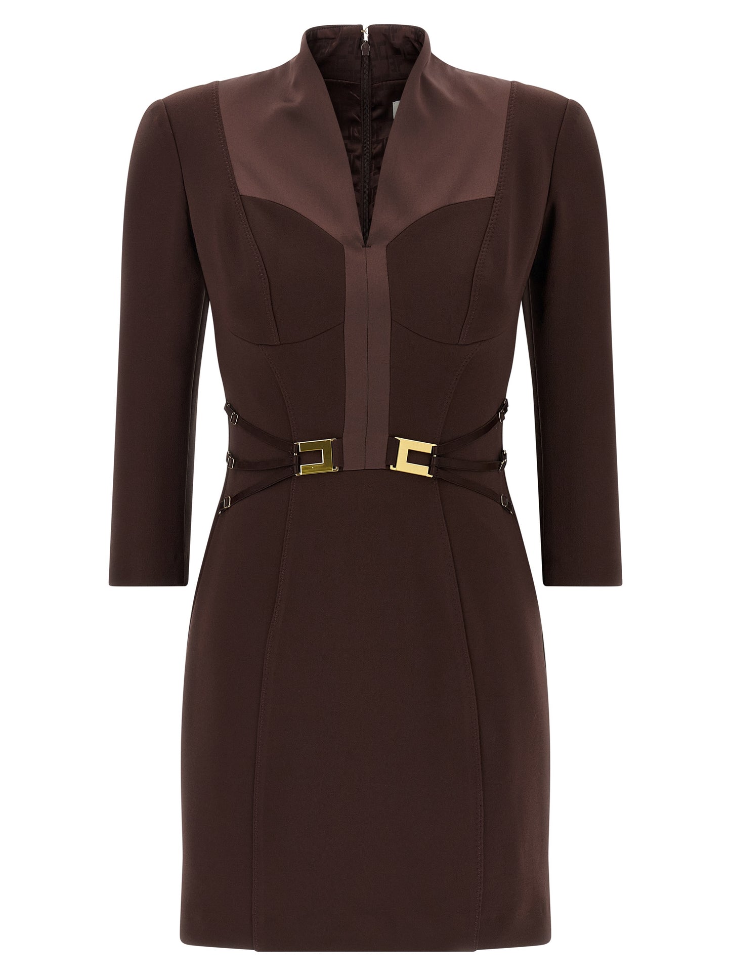 Dress by Elisabetta Franchi for women in polyester satin brown & monogram presents a sinuous silhouette, showcasing a sophisticated and three-quarter-sleeve detailed with a sinuous short mini for a refined finish.