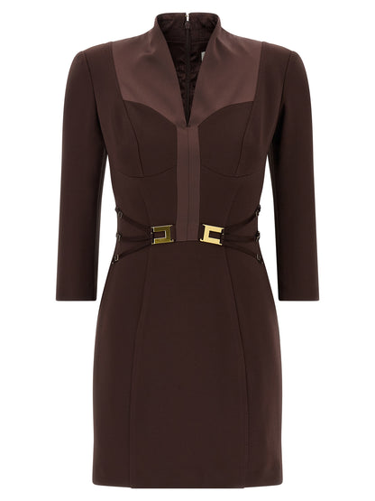 Dress by Elisabetta Franchi for women in polyester satin brown & monogram presents a sinuous silhouette, showcasing a sophisticated and three-quarter-sleeve detailed with a sinuous short mini for a refined finish.
