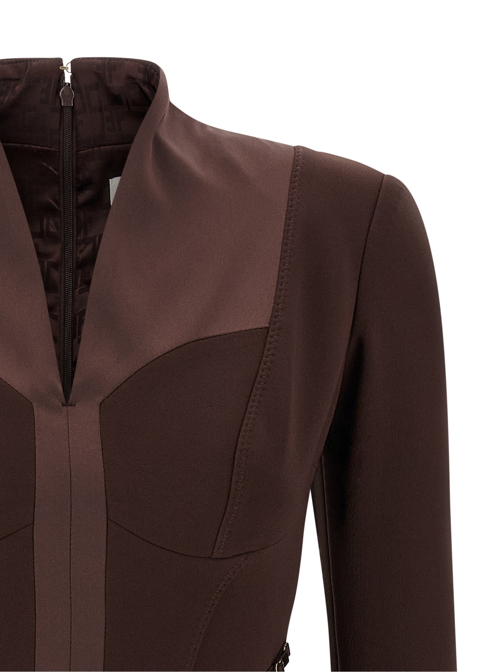 Dress by Elisabetta Franchi for women in polyester satin brown & monogram features an eye catching silhouette with a sophisticated , elegant , and a refined short mini for a eye catching aesthetic.