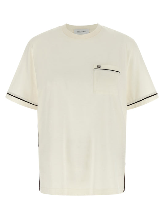 T-Shirt by Ferragamo for women in cashmere cotton blend beige showcases a chic silhouette, artfully detailed with a chic crew neckline and short-sleeve for a chic finish.