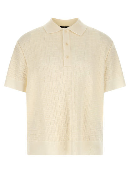 Polo Shirt by Balmain for men in polyamide linen & wool white, jacquard & monogram presents a distinguished silhouette, showcasing a sophisticated and distinguished for a truly distinguished finish.