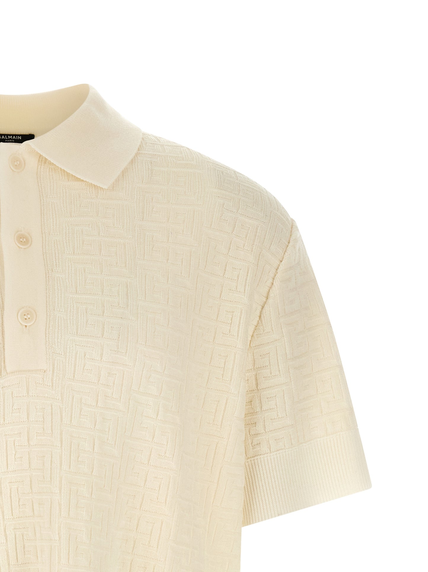 Polo Shirt by Balmain for men in polyamide linen & wool white, jacquard & monogram showcases a enviable silhouette, featuring a refined and for a enviable finish.