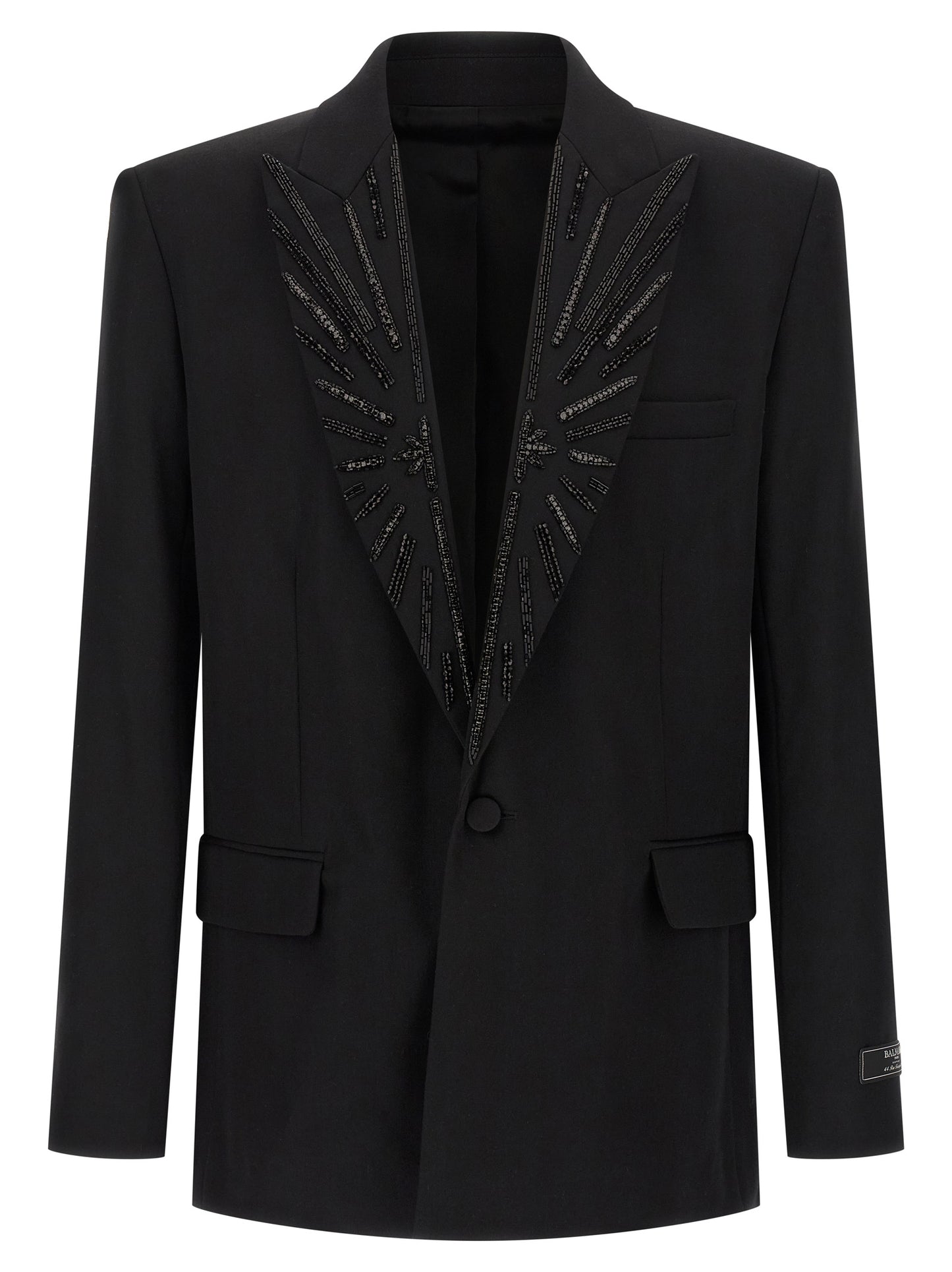 Blazer by Balmain for men in virgin wool & crystal black showcases a polished silhouette, highlighted by a refined and polished for a sophisticated finish.