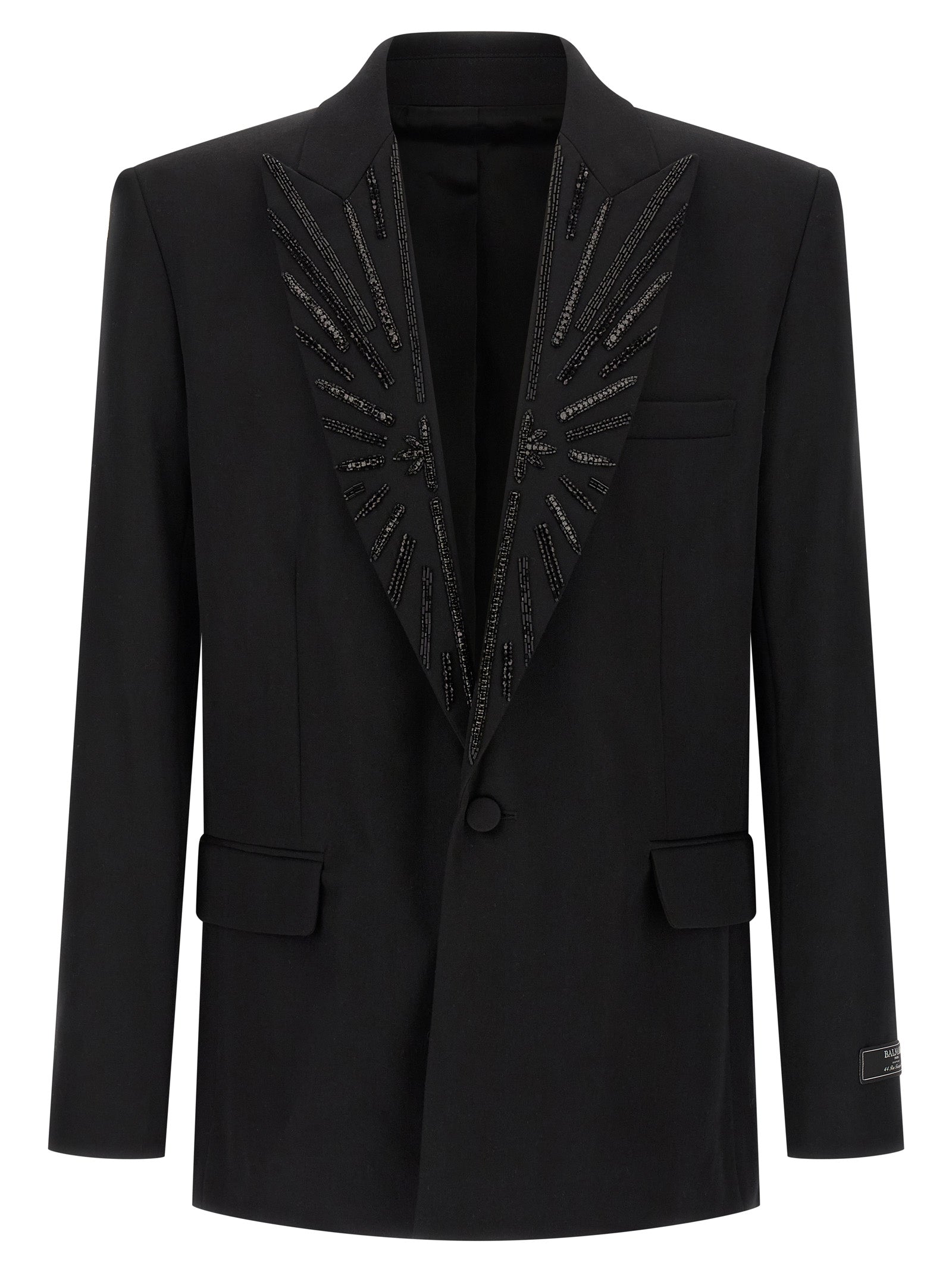 Blazer by Balmain for men in virgin wool & crystal black showcases a polished silhouette, highlighted by a refined and polished for a sophisticated finish.