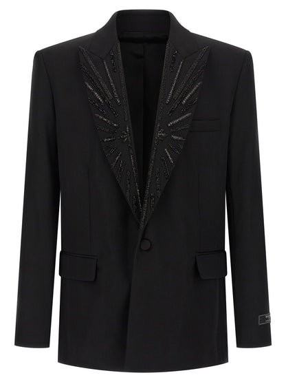 Blazer by Balmain for men in virgin wool & crystal black showcases a polished silhouette, highlighted by a refined and polished for a sophisticated finish.