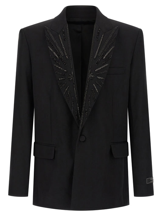 Blazer by Balmain for men in virgin wool & crystal black showcases a polished silhouette, highlighted by a refined and polished for a sophisticated finish.