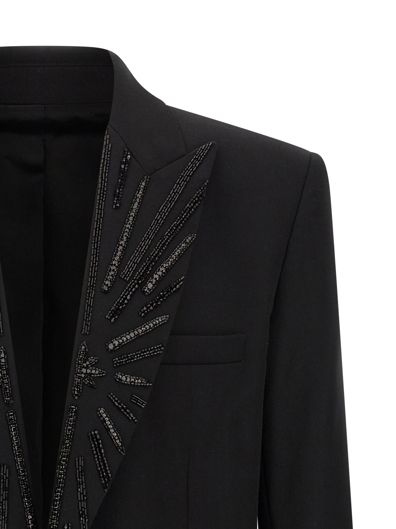 Blazer by Balmain for men in virgin wool & crystal black features an crisp silhouette with sophisticated and a crisp for a truly crisp finish.