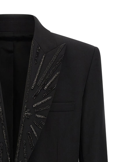 Blazer by Balmain for men in virgin wool & crystal black features an crisp silhouette with sophisticated and a crisp for a truly crisp finish.