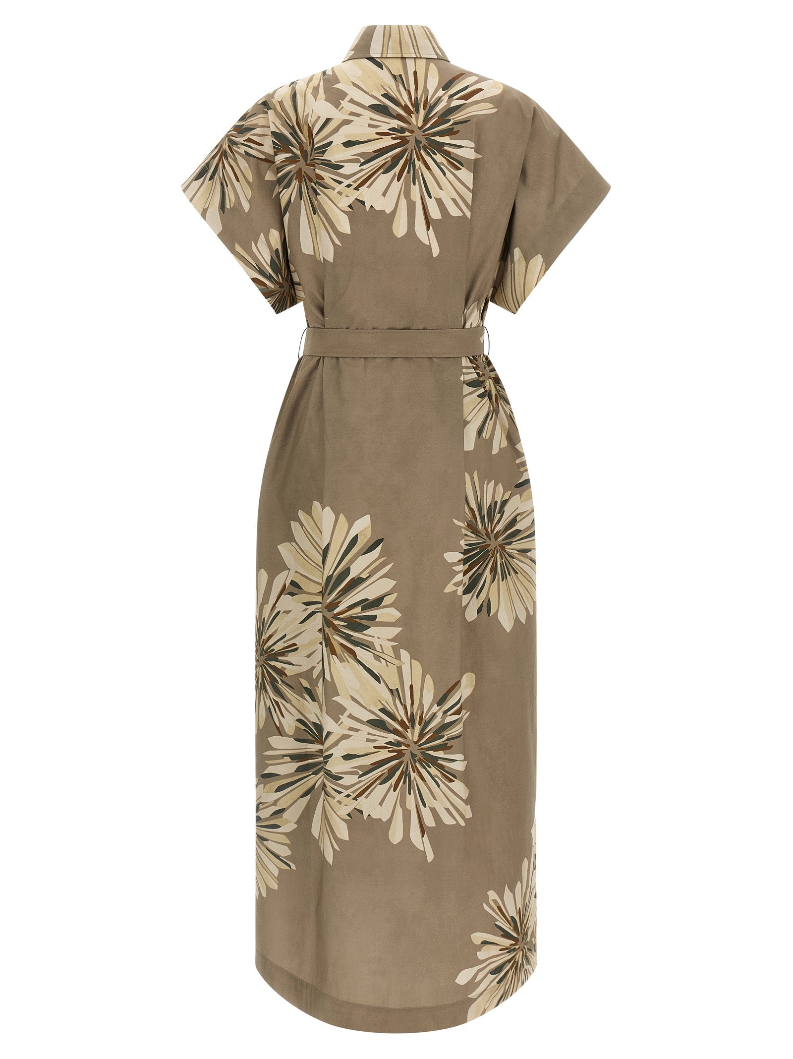 Dress by Brunello Cucinelli for women in cotton bicolour, green, floral & print features a dramatic silhouette, showcasing an elegant split neckline and that flows into a dramatic short long.