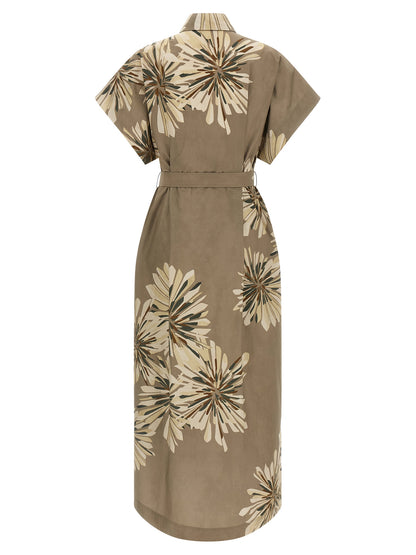 Dress by Brunello Cucinelli for women in cotton bicolour, green, floral & print features a dramatic silhouette, showcasing an elegant split neckline and that flows into a dramatic short long.