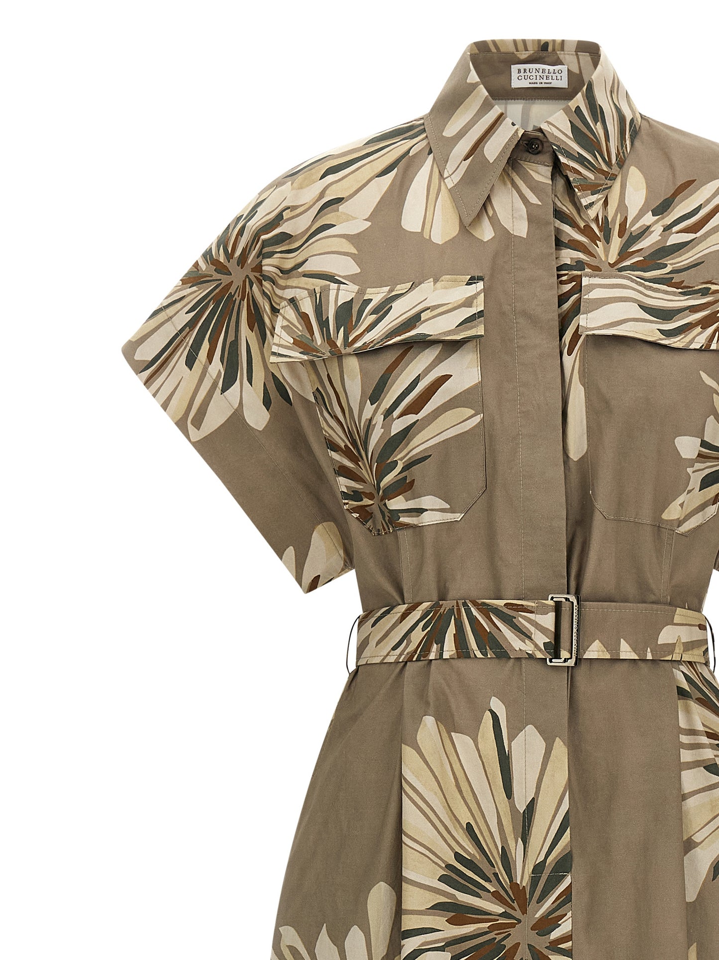Dress by Brunello Cucinelli for women in cotton bicolour, green, floral & print features an eye catching silhouette with a sophisticated split neckline, elegant , and a refined short long for a eye catching aesthetic.