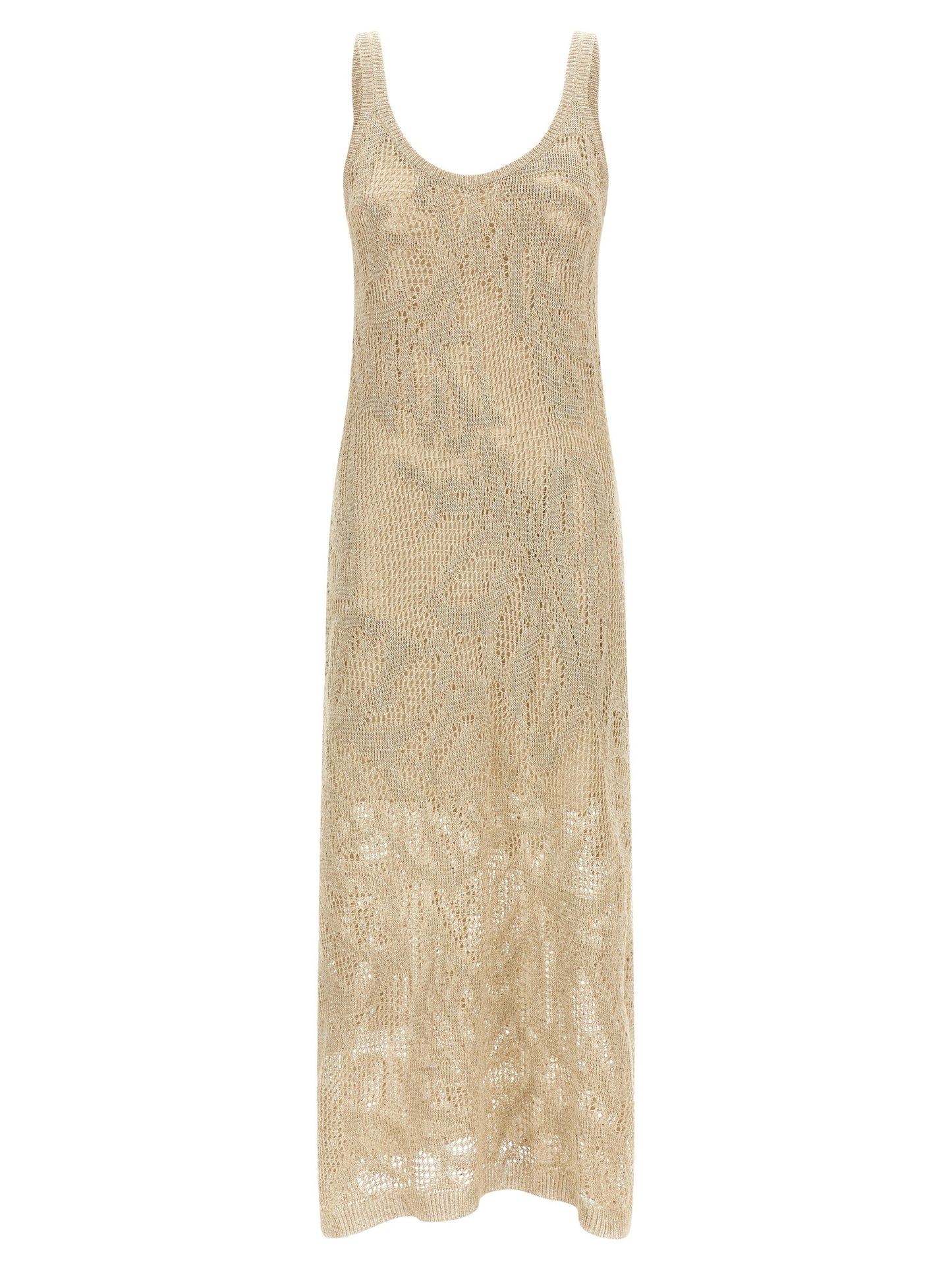 Dress by Brunello Cucinelli for women in cotton linen & sequins beige showcases a striking silhouette, elegantly detailed with a sleeveless, refined round neckline, and a striking long for a striking finish.