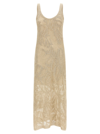 Dress by Brunello Cucinelli for women in cotton linen & sequins beige showcases a striking silhouette, elegantly detailed with a sleeveless, refined round neckline, and a striking long for a striking finish.