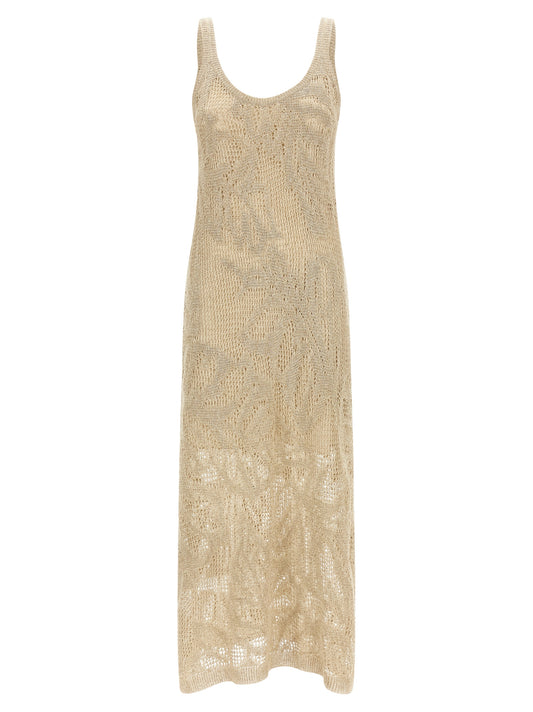 Dress by Brunello Cucinelli for women in cotton linen & sequins beige showcases a striking silhouette, elegantly detailed with a sleeveless, refined round neckline, and a striking long for a striking finish.
