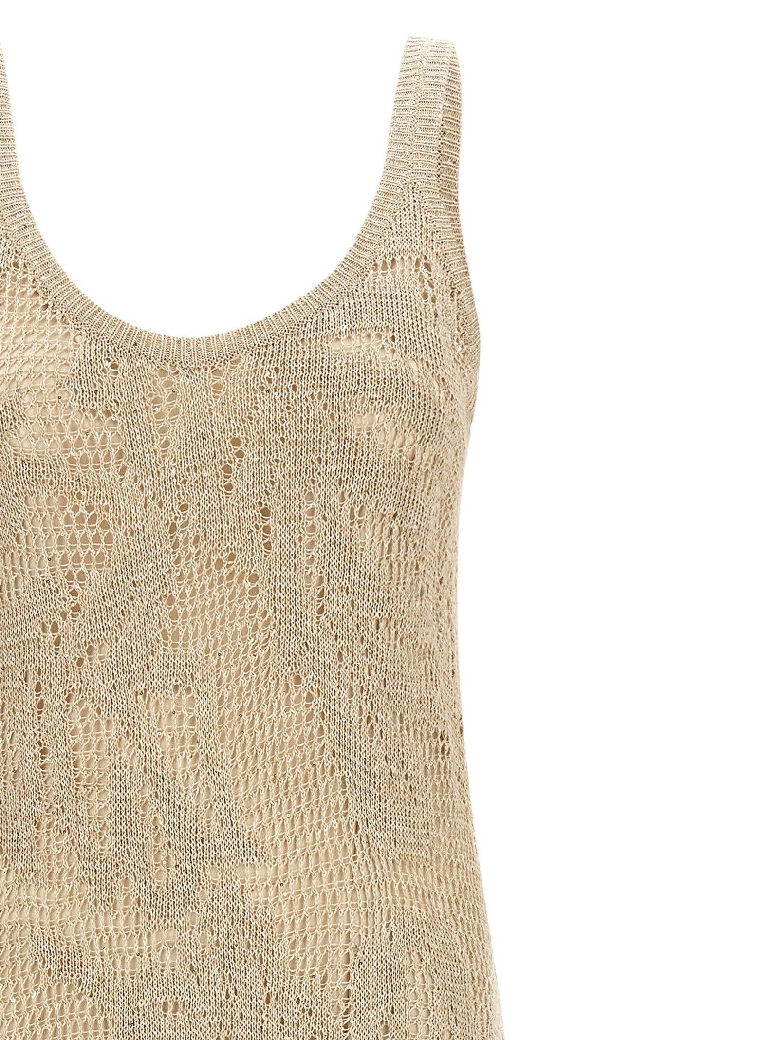 Dress by Brunello Cucinelli for women in cotton linen & sequins beige features an cute silhouette, detailed with a and round neckline that elegantly flows into a cute long.