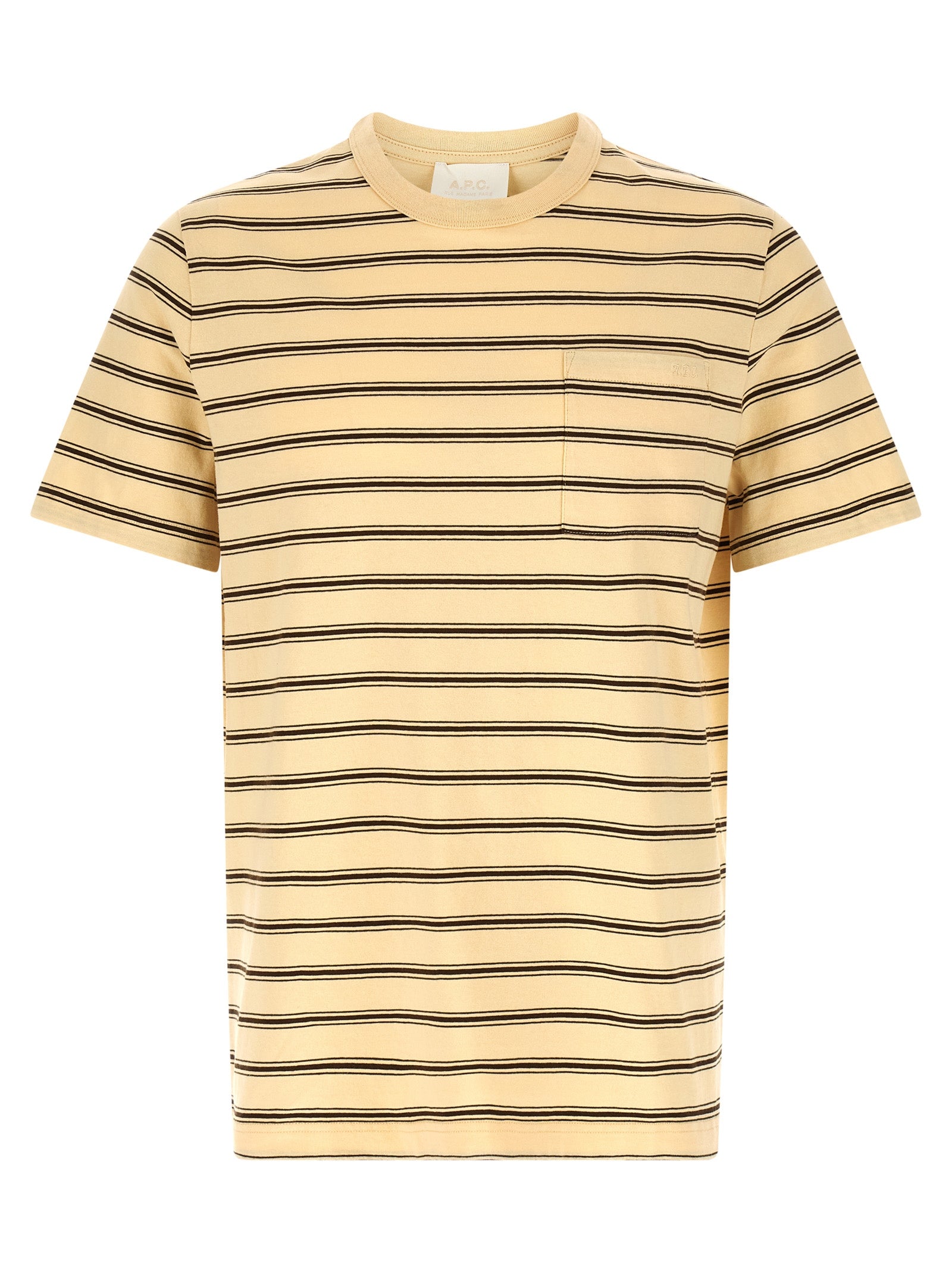 T-Shirt by A.P.C. for men in organic cotton beige & striped showcases a unassuming silhouette, artfully detailed with a refined crew neckline and unassuming short-sleeve for a sophisticated, contemporary look.