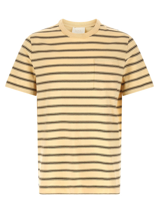 T-Shirt by A.P.C. for men in organic cotton beige & striped showcases a unassuming silhouette, artfully detailed with a refined crew neckline and unassuming short-sleeve for a sophisticated, contemporary look.